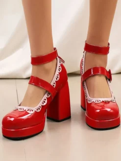 Chaussures Sweet Lolita à talon compensé en cuir verni écru et blanc