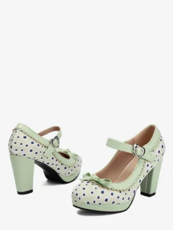 Chaussures à talons hauts vintage pour femmes bout rond nœud pois Mary Jane