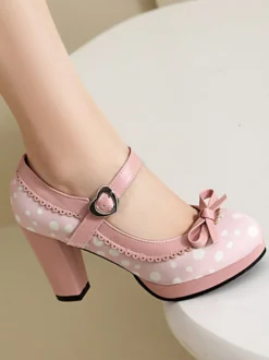 Chaussures à talons hauts vintage pour femmes bout rond nœud pois Mary Jane