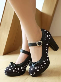 Chaussures à talons hauts vintage pour femmes bout rond nœud pois Mary Jane