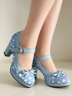 Chaussures à talons hauts vintage pour femmes bout rond nœud pois Mary Jane