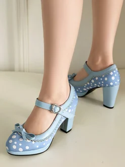 Chaussures à talons hauts vintage pour femmes bout rond nœud pois Mary Jane