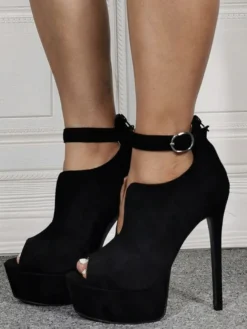 Chaussures à talons à talons aigus en nubuck noir unicolore ruban aux chevilles avec bouton de polyuréthane / Synthétique