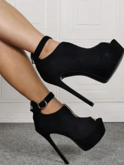Chaussures à talons à talons aigus en nubuck noir unicolore ruban aux chevilles avec bouton de polyuréthane / Synthétique