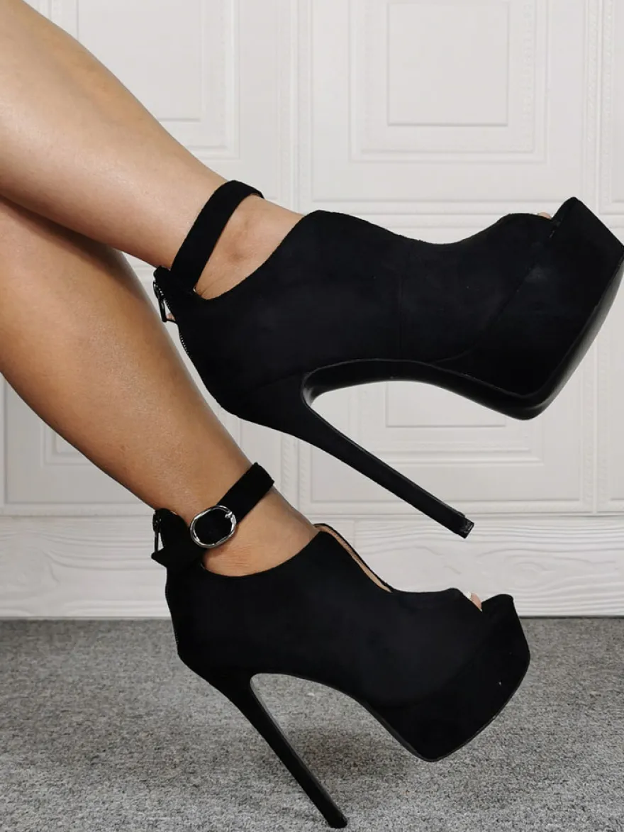 Chaussures à talons à talons aigus en nubuck noir unicolore ruban aux chevilles avec bouton de polyuréthane / Synthétique