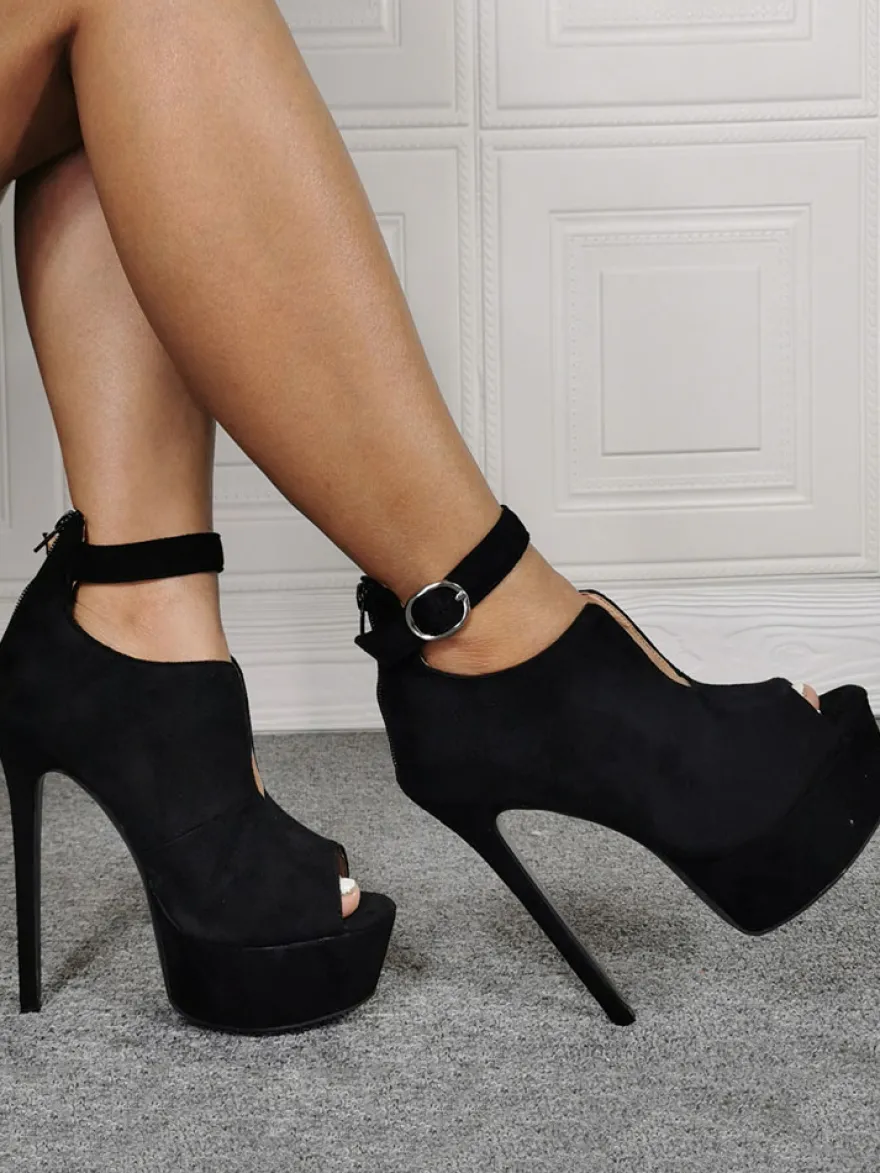 Chaussures à talons à talons aigus en nubuck noir unicolore ruban aux chevilles avec bouton de polyuréthane / Synthétique