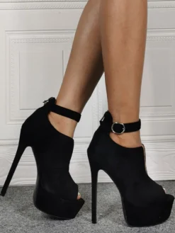 Chaussures à talons à talons aigus en nubuck noir unicolore ruban aux chevilles avec bouton de polyuréthane / Synthétique