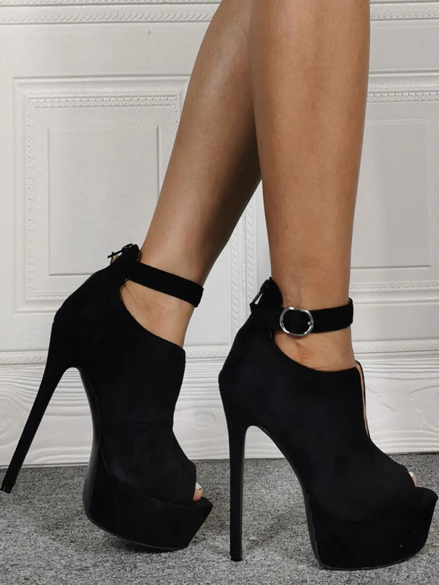 Chaussures à talons à talons aigus en nubuck noir unicolore ruban aux chevilles avec bouton de polyuréthane / Synthétique