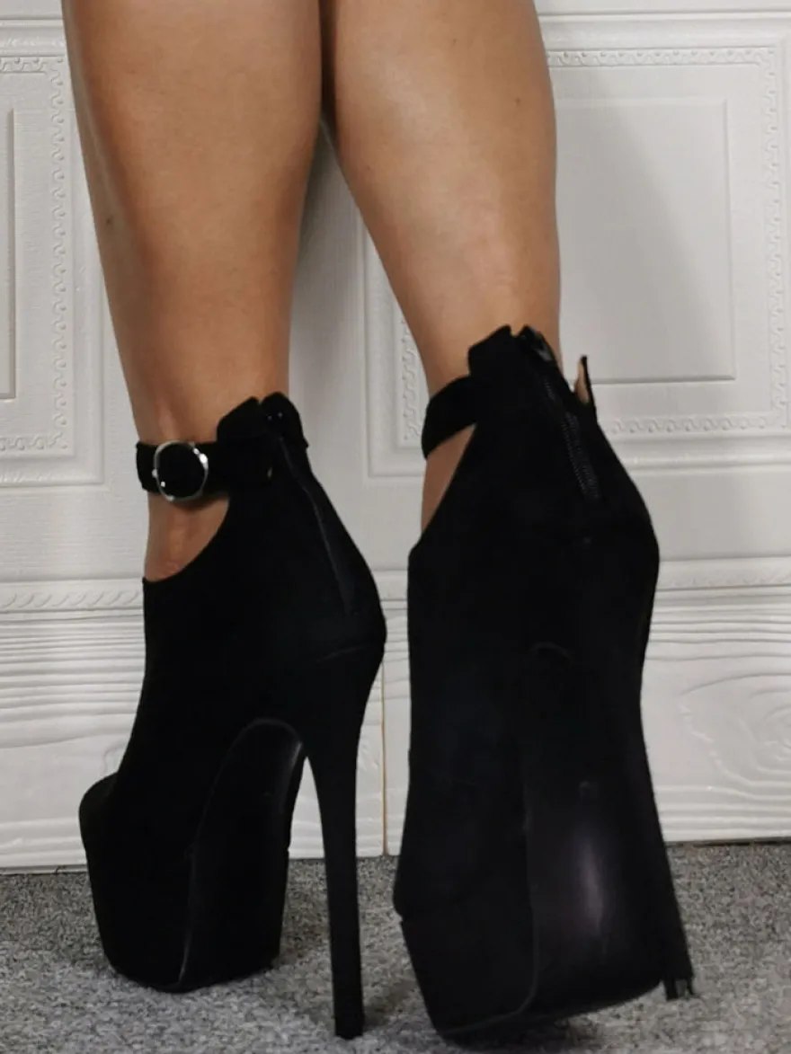 Chaussures à talons à talons aigus en nubuck noir unicolore ruban aux chevilles avec bouton de polyuréthane / Synthétique