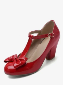Chaussures Vintage blanches escarpins à talons épais avec nœud en T et bout rond