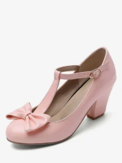 Chaussures Vintage blanches escarpins à talons épais avec nœud en T et bout rond