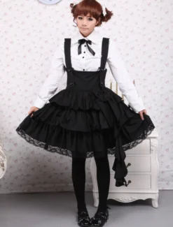 Chemise blanche en coton de manches longues et trousseau noir de Lolita en coton avec ride Déguisements Halloween
