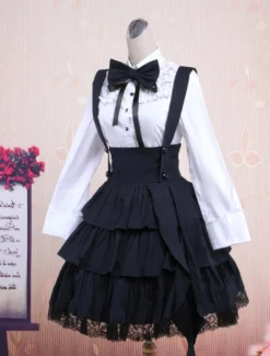 Chemise blanche en coton de manches longues et trousseau noir de Lolita en coton avec ride Déguisements Halloween