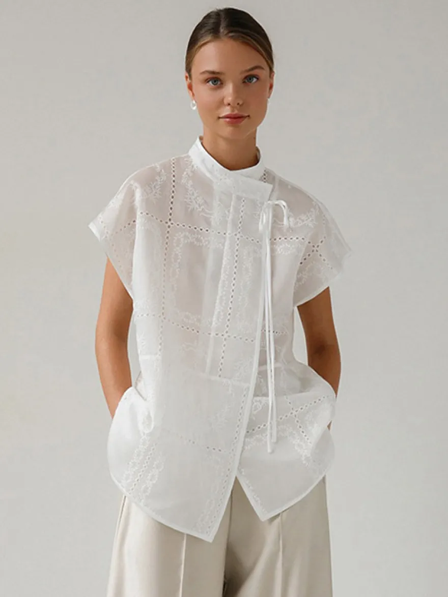 Chemise blanche à lacets pour femme col montant manches 3/4 style décontracté