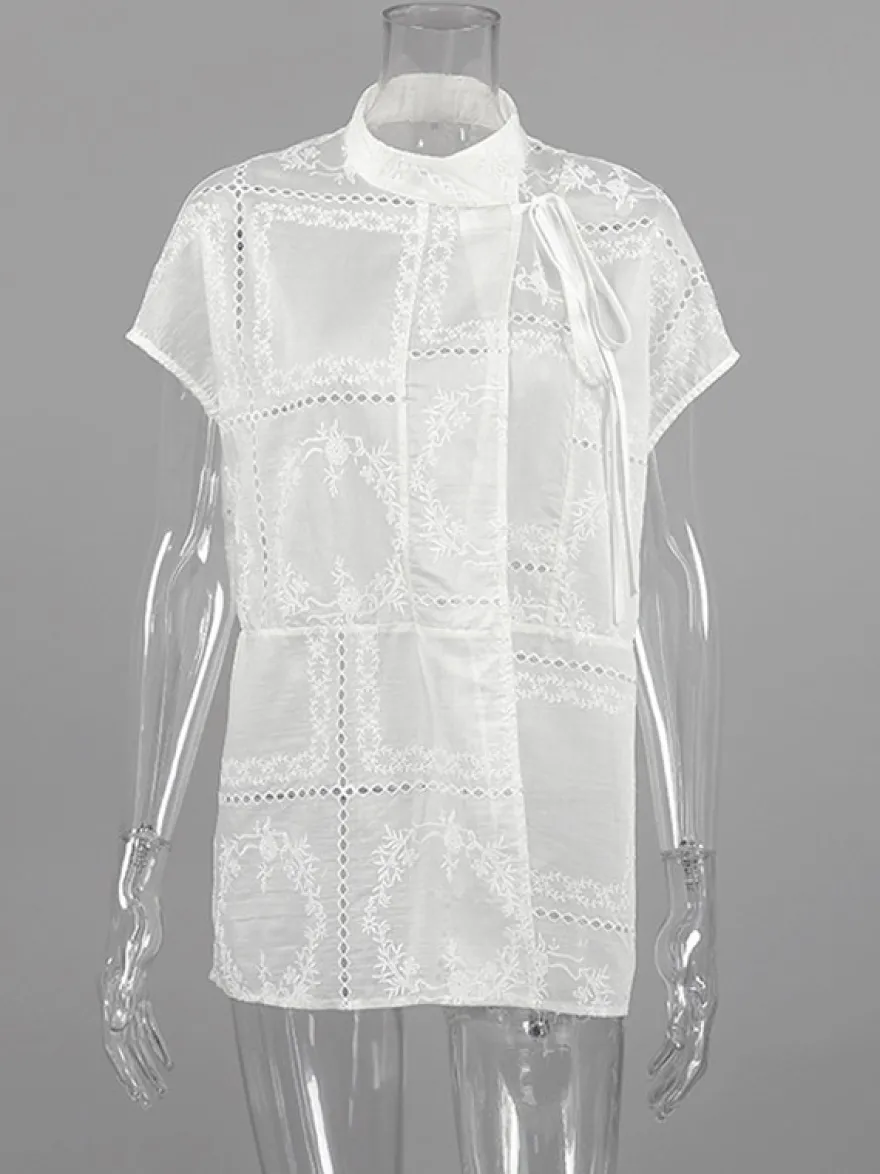 Chemise blanche à lacets pour femme col montant manches 3/4 style décontracté
