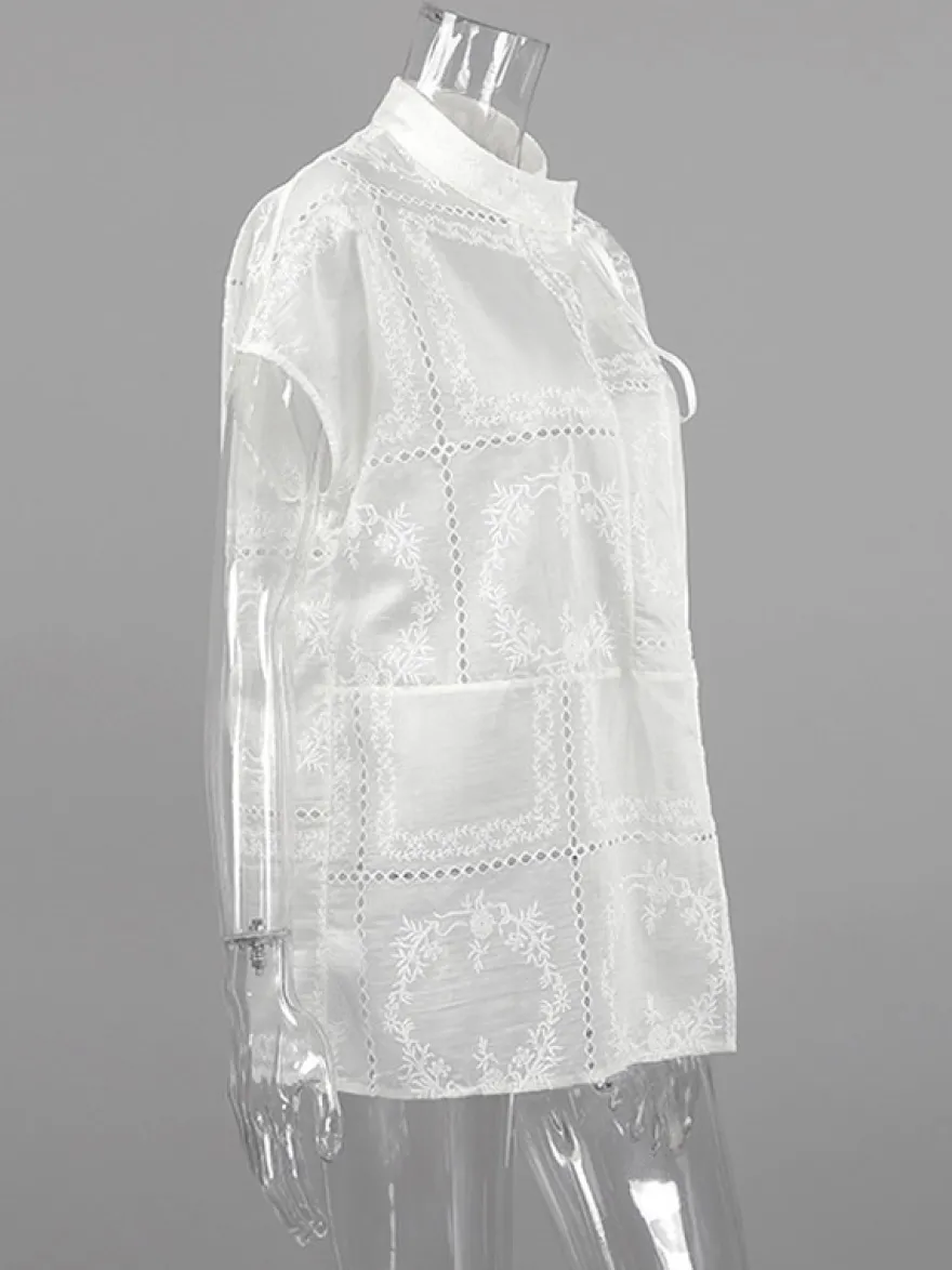 Chemise blanche à lacets pour femme col montant manches 3/4 style décontracté