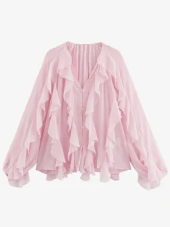 Chemise bordeaux pour femme col V manches longues boutons et volants style décontracté