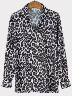 Chemise Décontractée Col Rabattu Simple Imprimé Léopard Café Marron
