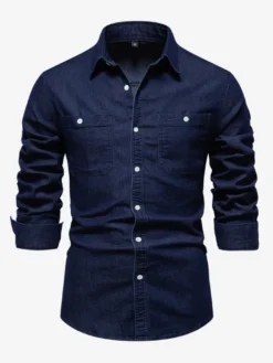 Chemise Décontractée Manches Longues Hommes Couleur Unie Coupe Cintrée En Denim