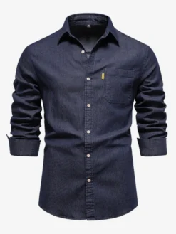 Chemise Décontractée Manches Longues Hommes Couleur Unie Coupe Cintrée En Denim