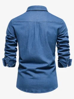 Chemise Décontractée Manches Longues Hommes Couleur Unie Coupe Cintrée En Denim