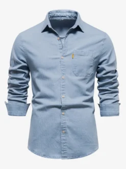 Chemise Décontractée Manches Longues Hommes Couleur Unie Coupe Cintrée En Denim