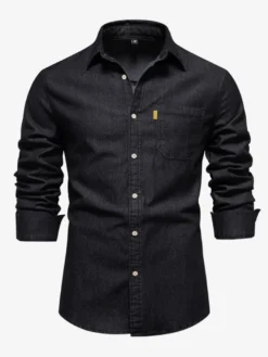 Chemise Décontractée Manches Longues Hommes Couleur Unie Coupe Cintrée En Denim