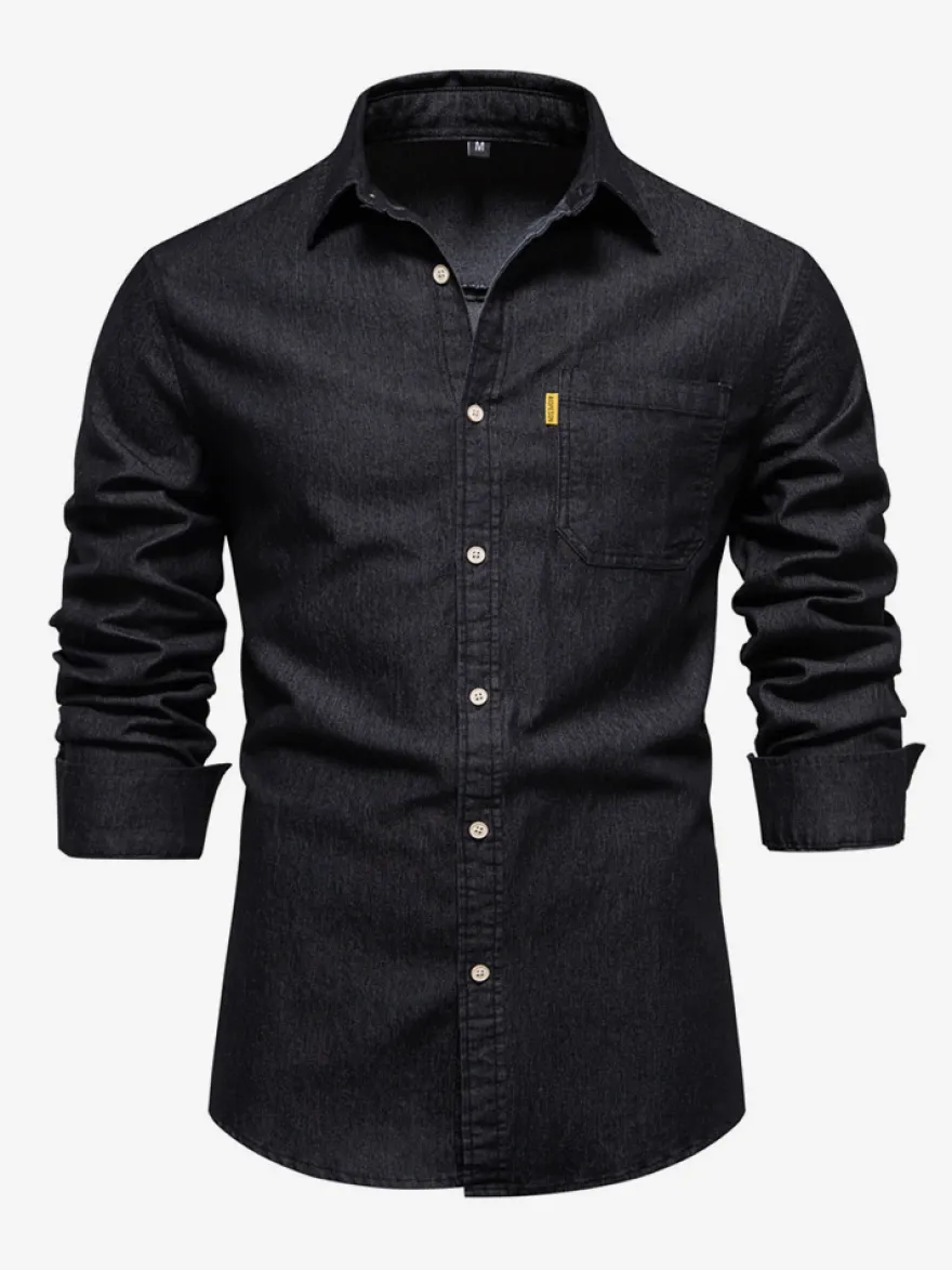 Chemise Décontractée Manches Longues Hommes Couleur Unie Coupe Cintrée En Denim