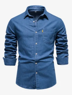 Chemise Décontractée Manches Longues Hommes Couleur Unie Coupe Cintrée En Denim