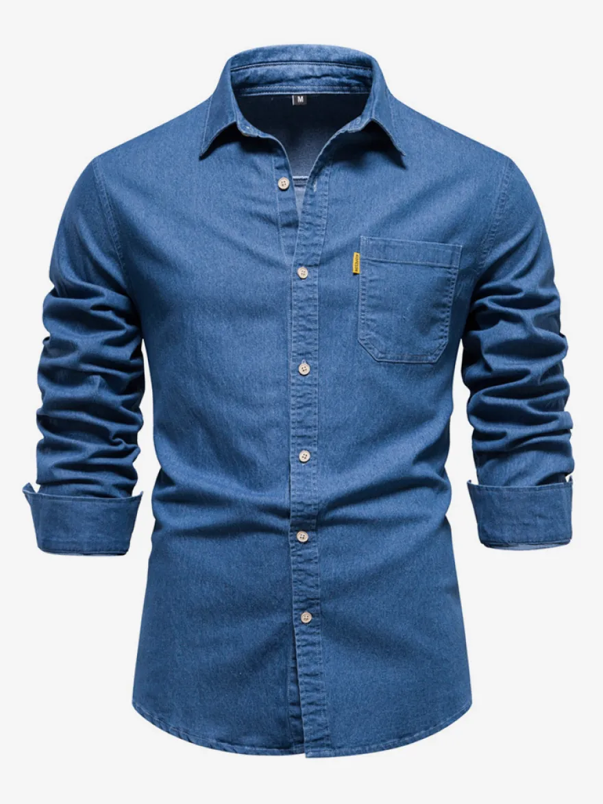 Chemise Décontractée Manches Longues Hommes Couleur Unie Coupe Cintrée En Denim