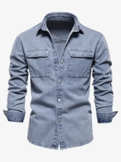 Chemise Décontractée Manches Longues Hommes Couleur Unie Coupe Cintrée En Denim