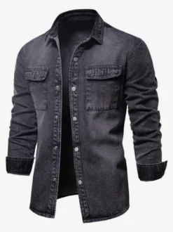 Chemise Décontractée Manches Longues Hommes Couleur Unie Coupe Cintrée En Denim