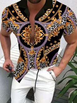 Chemise décontractée pour hommes à col rabattu Chemises décontractées imprimées noires pour hommes