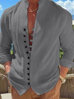 Chemise décontractée pour homme col montant manches longues chemises décontractées en lin pour hommes