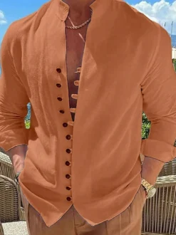 Chemise décontractée pour homme col montant manches longues chemises décontractées en lin pour hommes