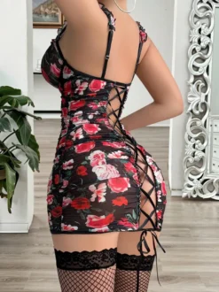 Chemise de nuit en dentelle noire à imprimé floral sans manches jupe crayon moulante lingerie