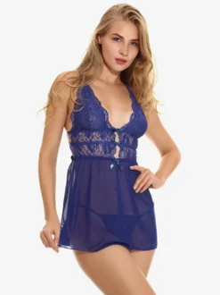 Chemise de nuit en tulle bleu roi pour femme nœuds imprimé floral dos nu lingerie pyjama vêtements de nuit