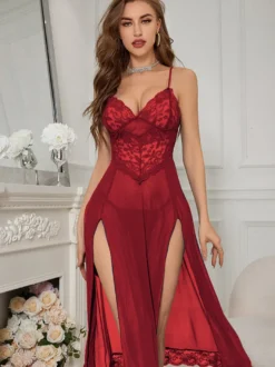 Chemise de nuit longue en dentelle à fente haute lingerie sexuelle en tulle