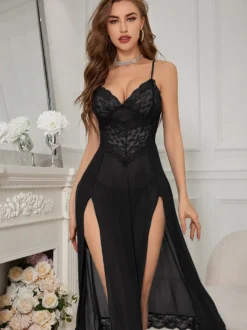 Chemise de nuit longue en dentelle à fente haute lingerie sexuelle en tulle