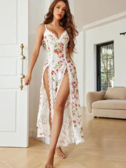Chemise de nuit longue en dentelle noire à imprimé floral fente haute lingerie sexy avec dos en T