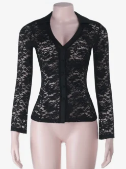 Chemise en dentelle transparente pour femme - Cardigan cintré à col V style gothique - Top idéal pour une soirée printanière 2026