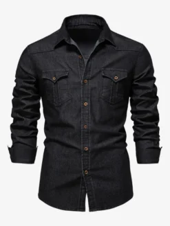 Chemise En Jean Décontractée À Manches Longues Homme Couleur Unie Coupe Cintrée