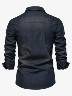 Chemise En Jean Décontractée À Manches Longues Homme Couleur Unie Coupe Cintrée