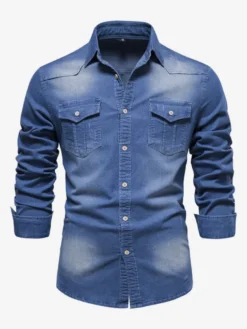 Chemise En Jean Décontractée À Manches Longues Homme Couleur Unie Coupe Cintrée