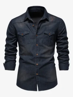 Chemise En Jean Décontractée À Manches Longues Homme Couleur Unie Coupe Cintrée