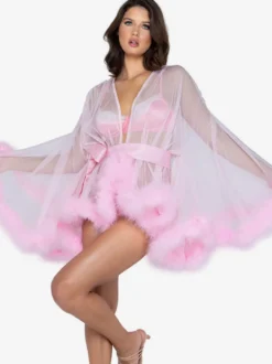 Chemise Femme Rose Polyester Plumes Rayures Lingerie Transparente