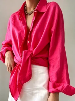 Chemise fuchsia oversize à boutons pour femme coupe ample manches longues ourlet arrondi blouse décontractée