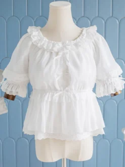 Chemise Lolita Mignonne Top Blanche À Manches Longues À Volants