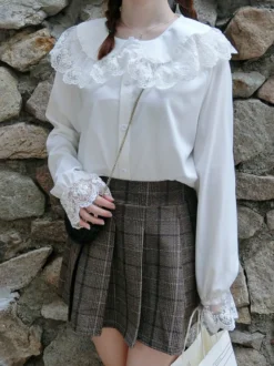 Chemise Mignonne Lolita En Mousseline De Soie En Dentelle Blouse Lolita Blanche