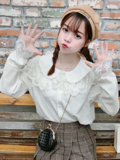 Chemise Mignonne Lolita En Mousseline De Soie En Dentelle Blouse Lolita Blanche